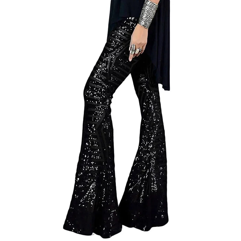 Vireous Women's Sparkling Sequin Slacks, Loose Mid-Waist Trousers