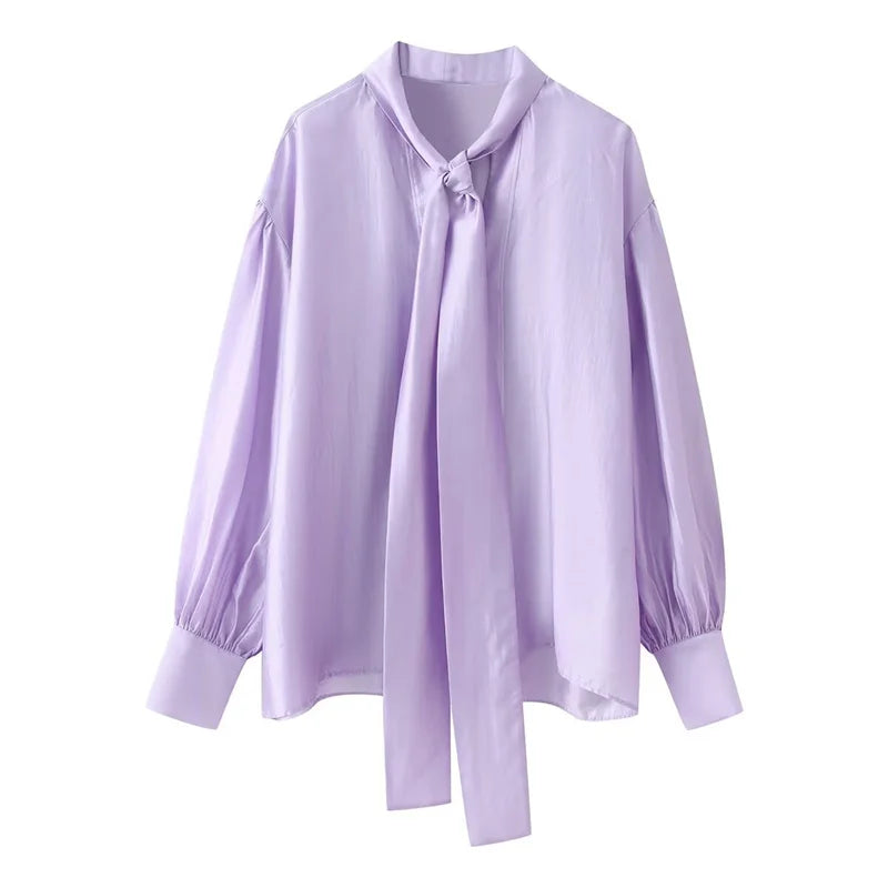 Women's Bow-Tie Drapey Casual Fashion Shirt, Long-Sleeve Blouse