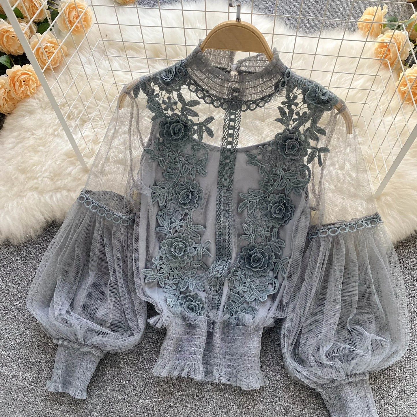 Lace See-Through Puff-Sleeve Vintage Fashion Blouse
