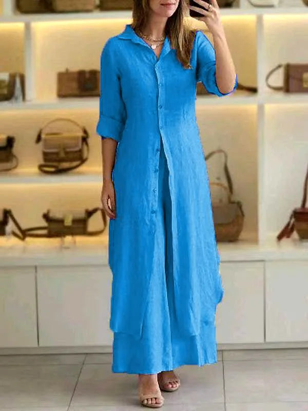 Elegant Lapel Single-Breasted Long Shirt and Wide-Leg Pants Suit