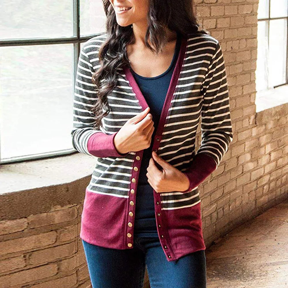 Vibrant Stripe Women's Cardigan Coat, Single Breasted Long Sleeves