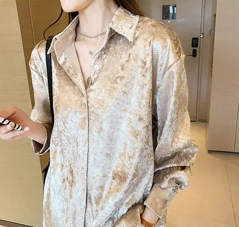 Vireous Women's Shiny Stretch Shirt, Spring and Autumn Collection