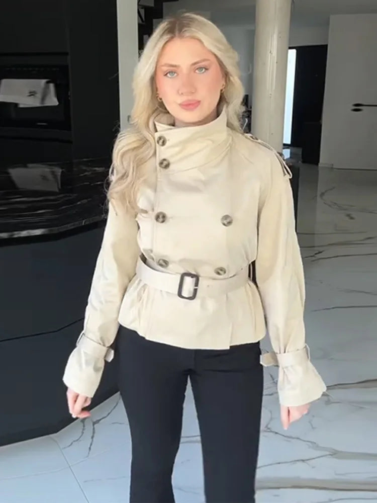 Vireous Women's Short Jacket Belted Trench Coat