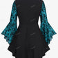 Gothic Bell Sleeves Organza Mesh Lace-Up Blouse, Plus Sizes
