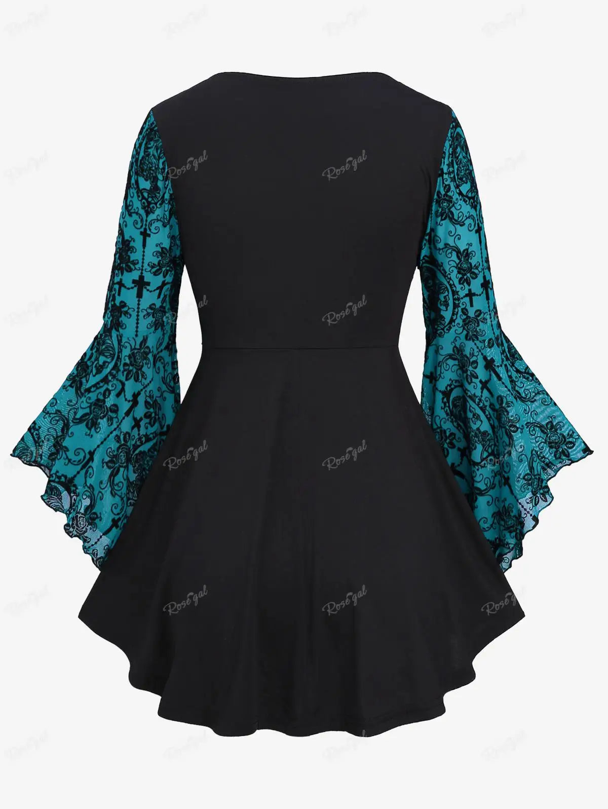 Gothic Bell Sleeves Organza Mesh Lace-Up Blouse, Plus Sizes