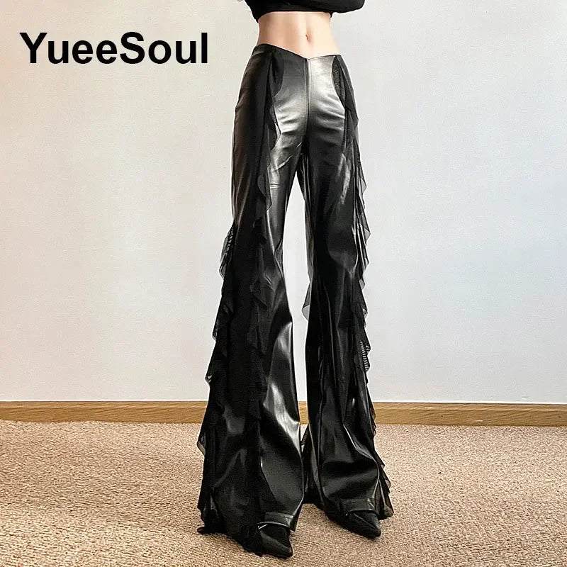 Goth Women's Flared Pants with Black Lace, Embroidery, Multi Designs
