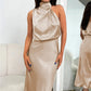 Vireous Summer Silk Satin Sleeveless Long Dress, Draped Bodice