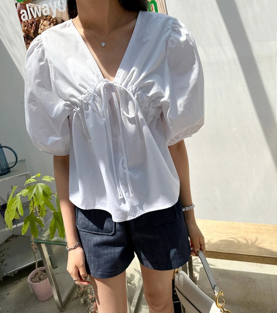 Puff Sleeve Women's Businesswear Casual Lace-Up Shirt