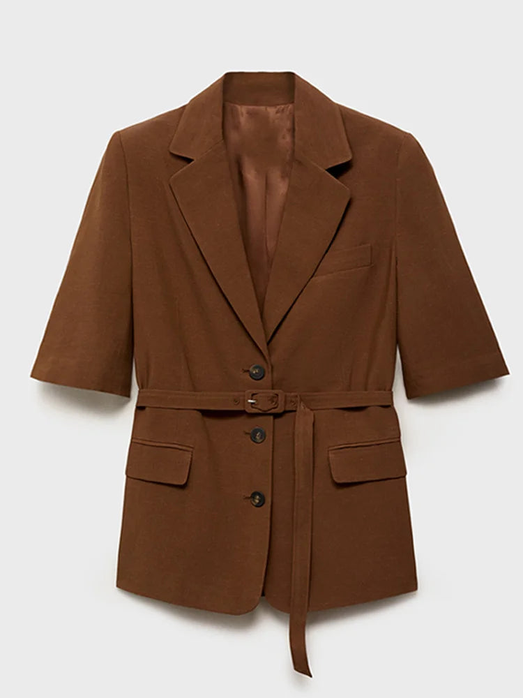 Cotton Linen Women's Belted Businesswear, Coffee Jacket and Shorts Two-Piece