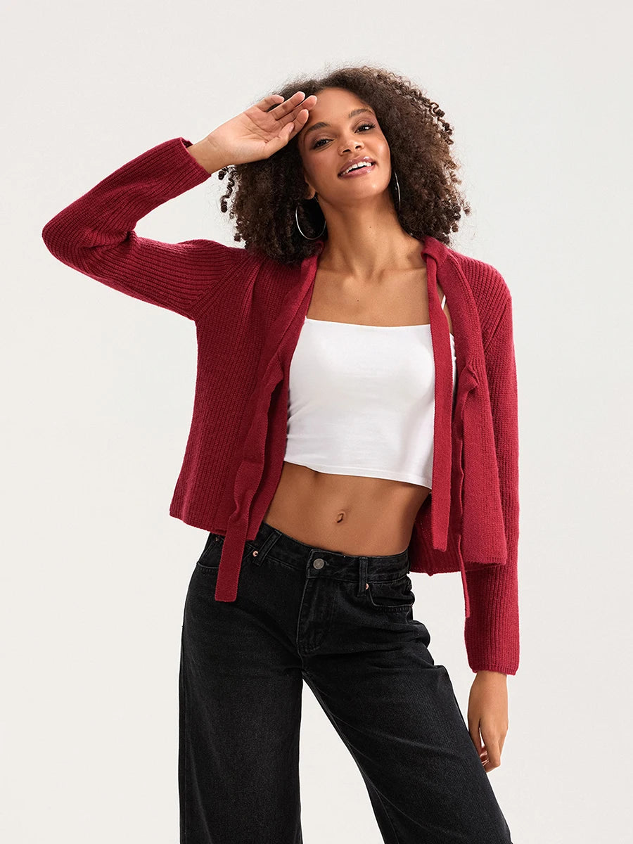 Bow Tied Front Knitted Women's Cardigan, Multi Colours