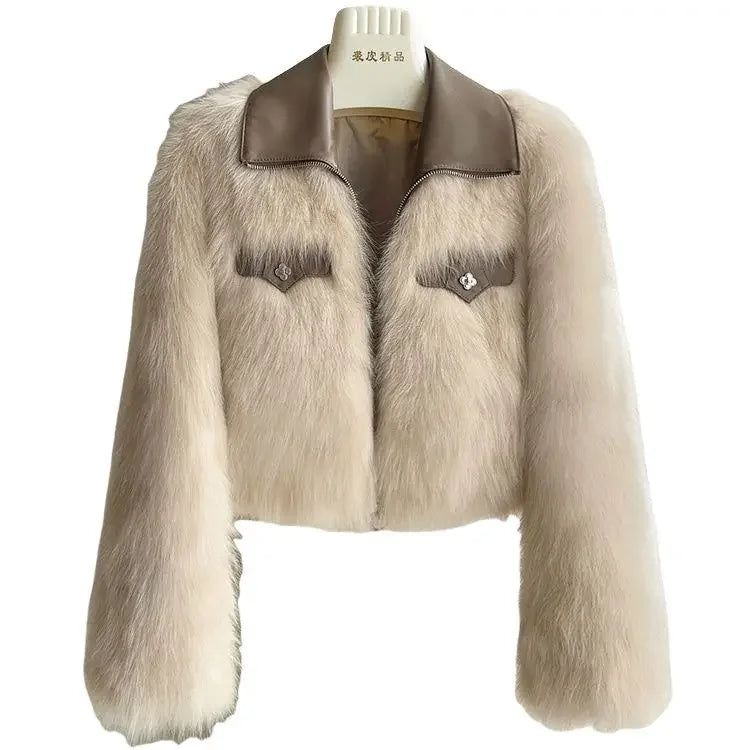 Vireous Polo Collar Women's Faux Fur Bomber Jacket, Spring and Autumn Collection
