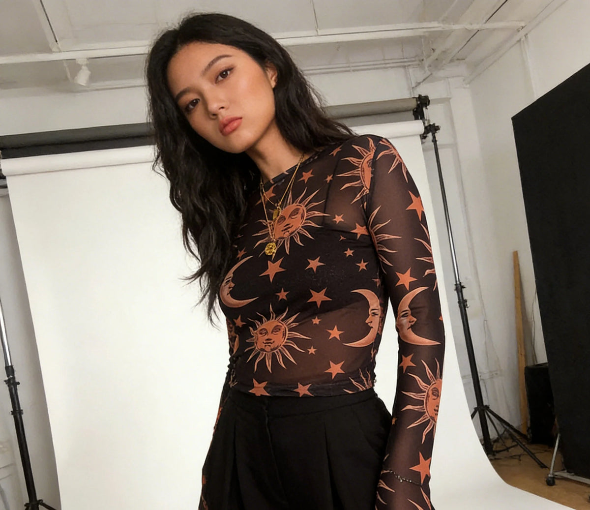 Sun and Moon Sheer Mesh Round-Neck Base Layer Shirt