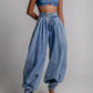 Women's High-Waist Denim Loose Barrel-Cut Jeans, Lantern Pants
