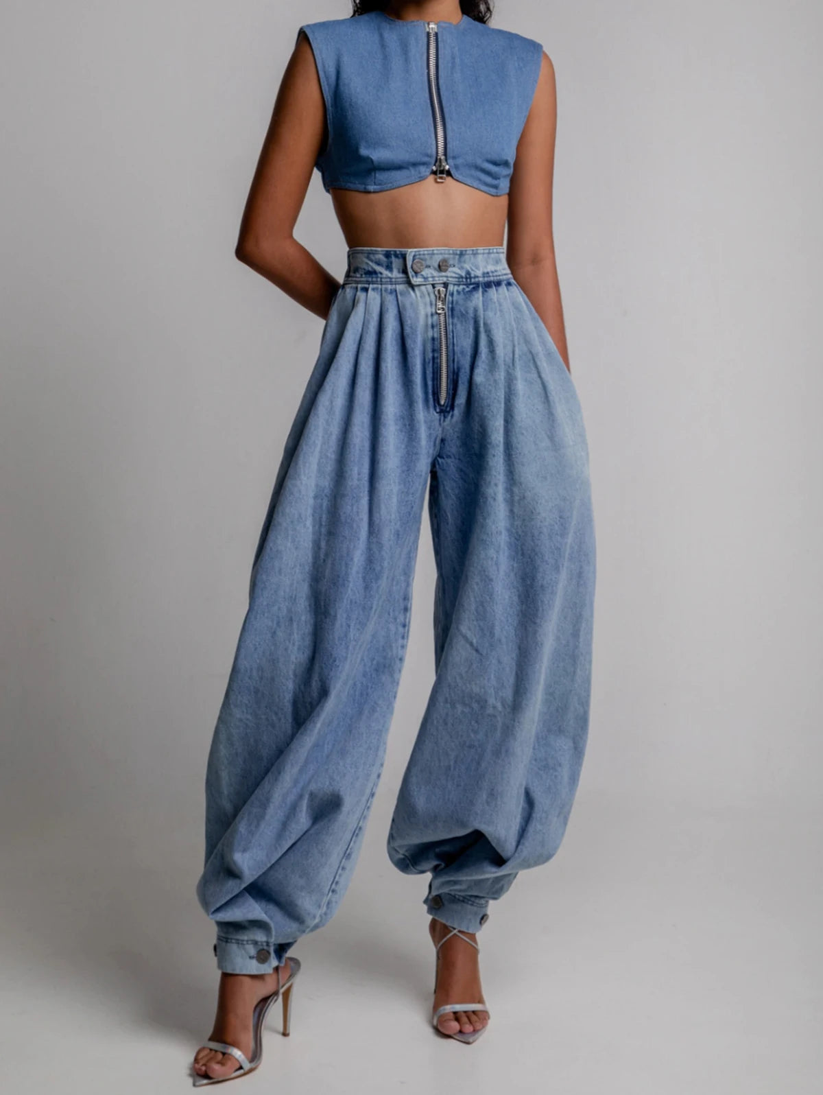 Women's High-Waist Denim Loose Barrel-Cut Jeans, Lantern Pants