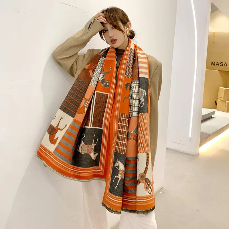 Extra-Large Cashmere Scarf, Equestrian-Print Blanket Wrap, Pashmina