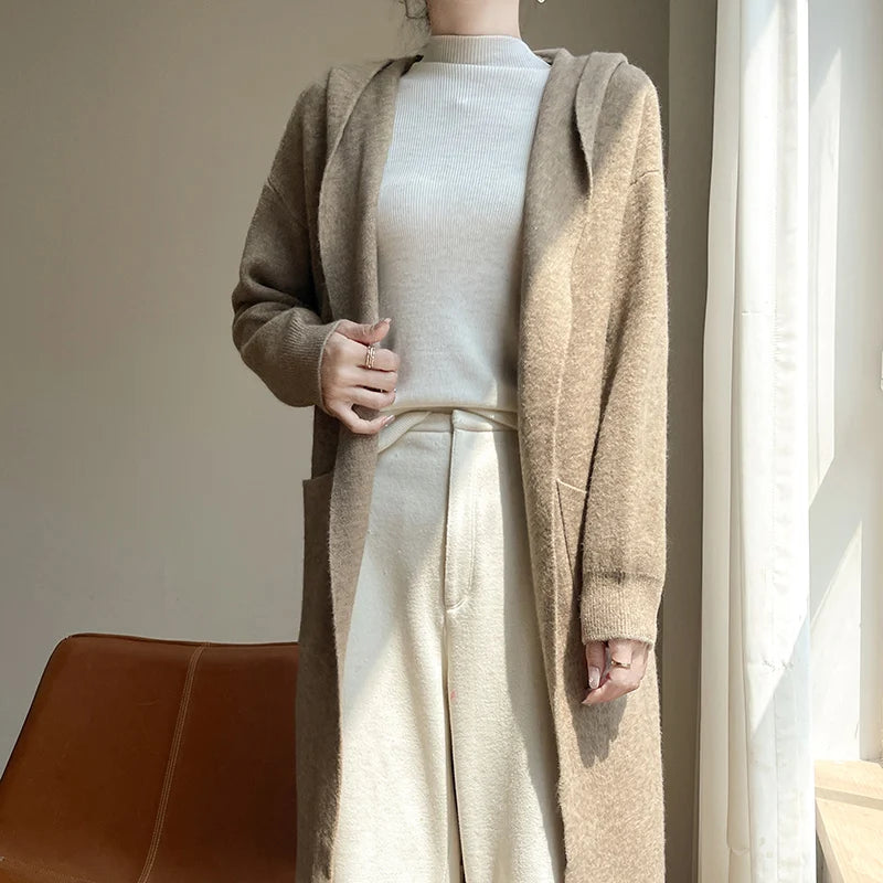 Vireous Lazy-Style Thickened Wool Knit Long Cardigan Coat