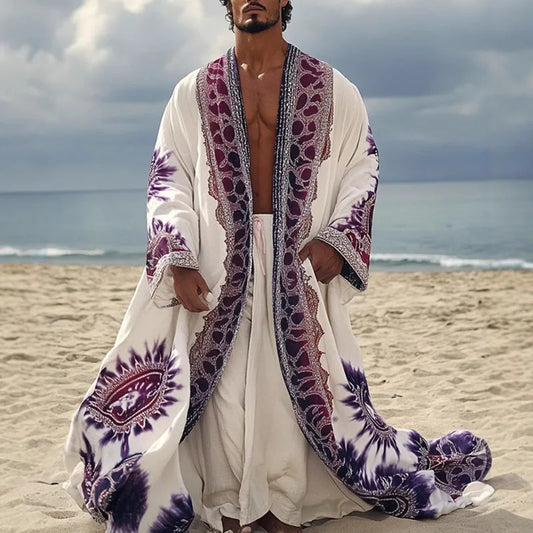 Ethnic Vintage Print Men's Long Cotton Coat