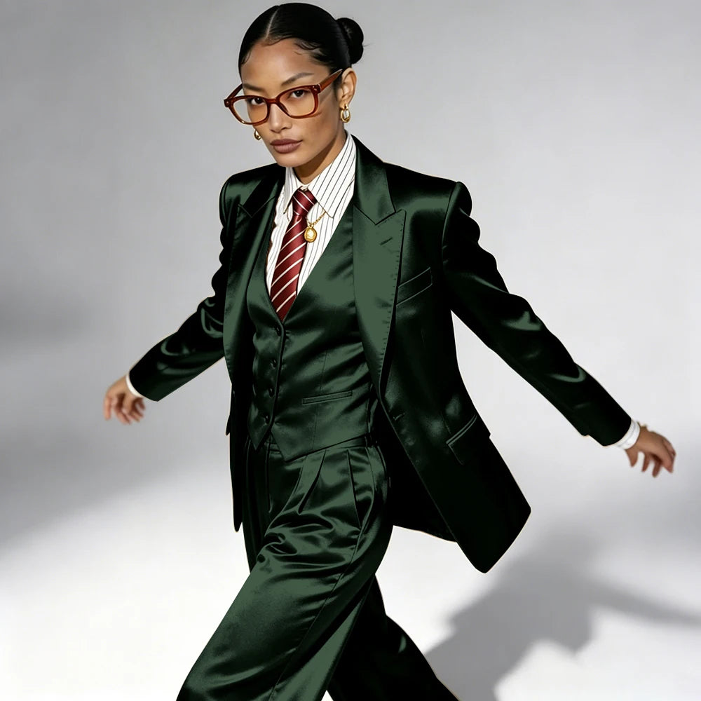Professional Performance Wear Women's Tuxedo, Gold Satin Three-Piece Suit, Night Wear