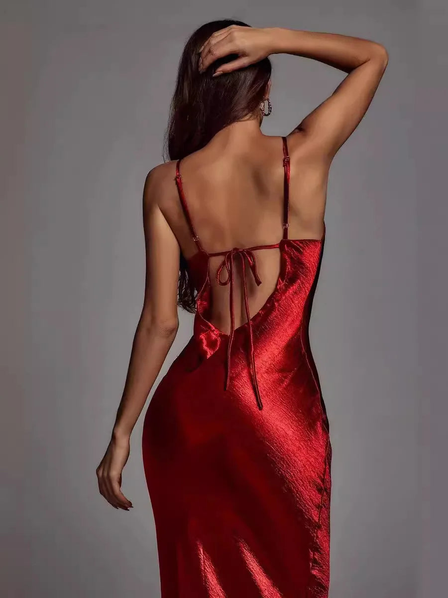 Metallic Gold Maxi Dress, Elegant Satin Backless Women's Gown