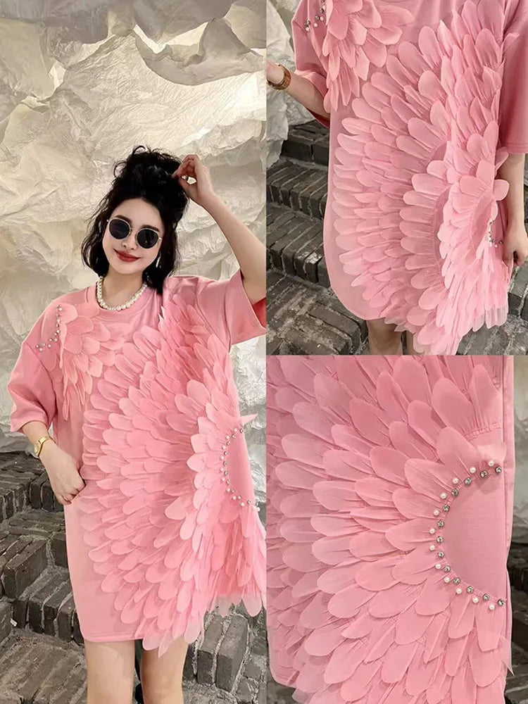 Loose Summer Glam Feather Short-Sleeve Women's Short Dress