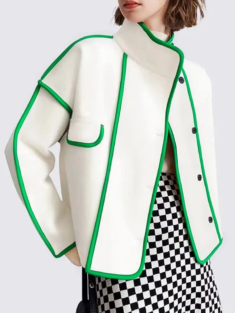 Vireous High-Neck Fashion Woollen Short Coat, Ivory with Green Trim