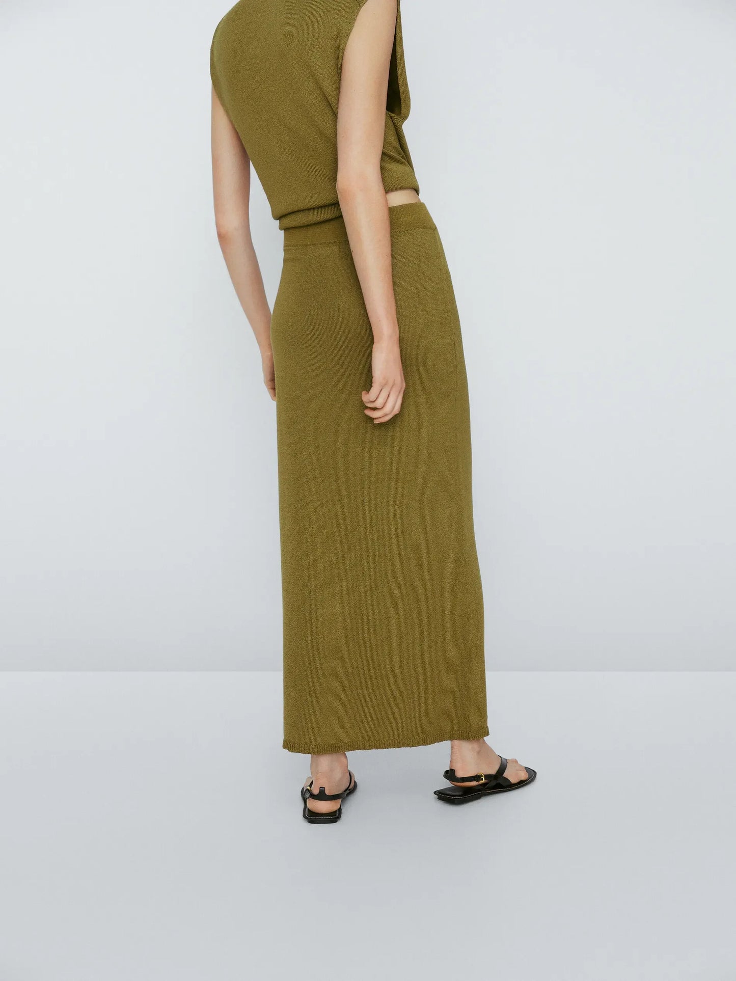 Vireous Women's Fashion Knitted Side-Knot Army Green Split-Front Long Skirt