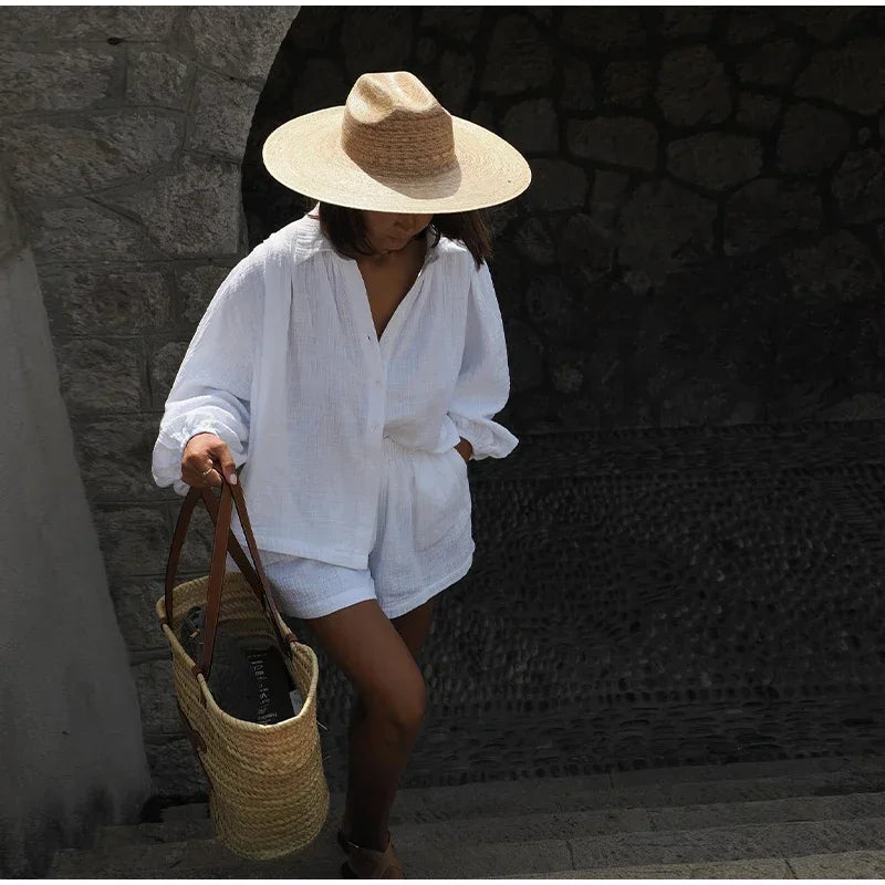 Cotton Linen Women's Two-Piece Summer Shorts Set, Plus Sizes