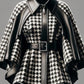 Faux Leather Collar Houndstooth Pattern Women's Jacket, Cape Sleeves