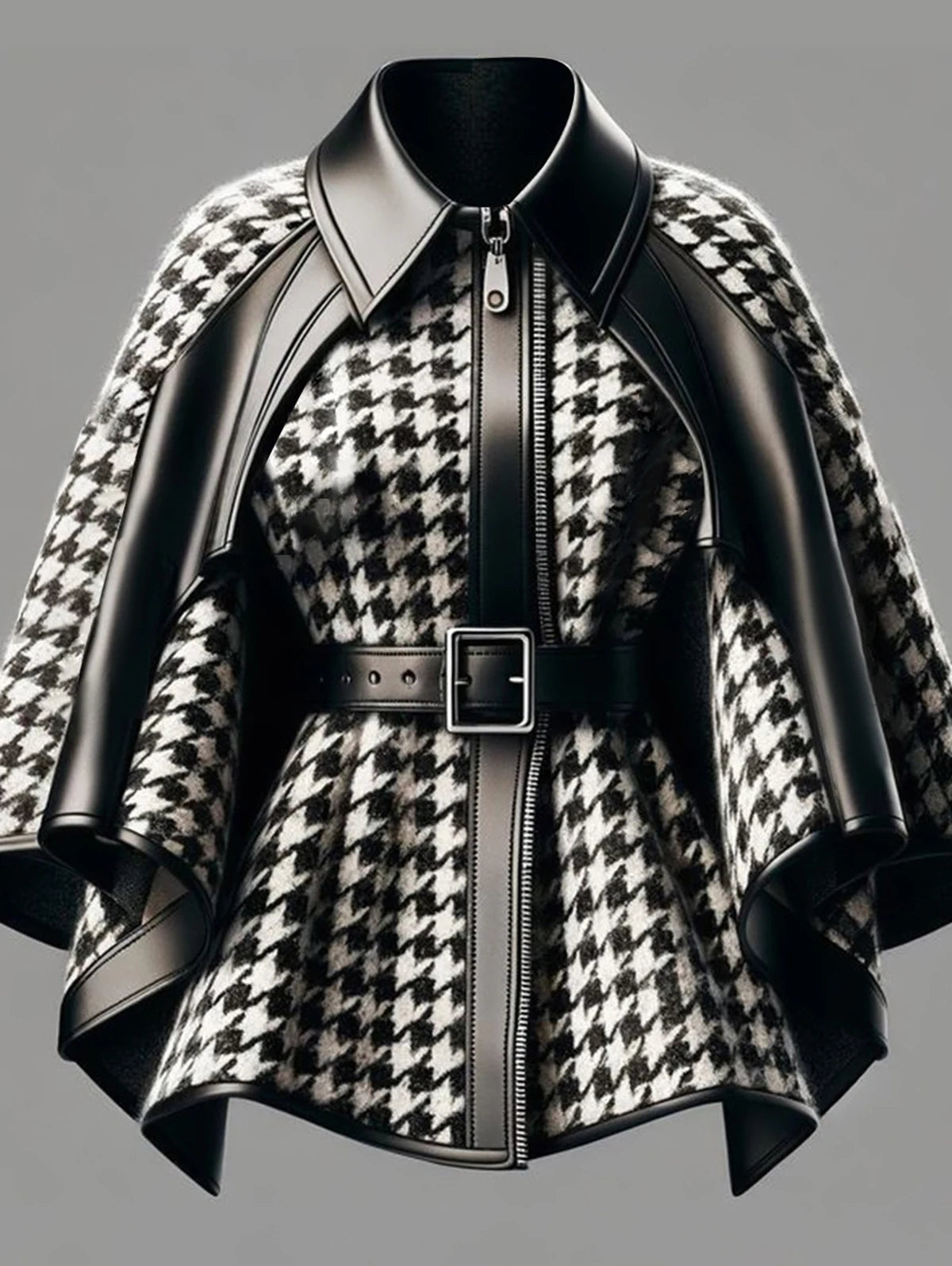 Faux Leather Collar Houndstooth Pattern Women's Jacket, Cape Sleeves