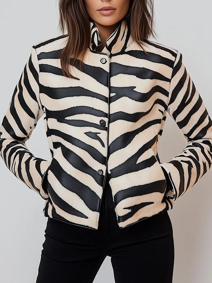 Vireous Women's Faux Leather Zebra Stripes Jacket, Spring and Autumn Collection