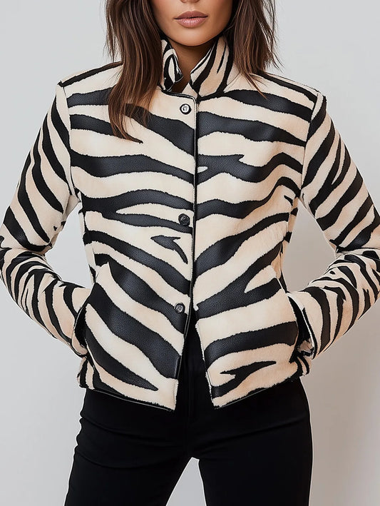 Vireous Women's Faux Leather Zebra Stripes Jacket, Spring and Autumn Collection