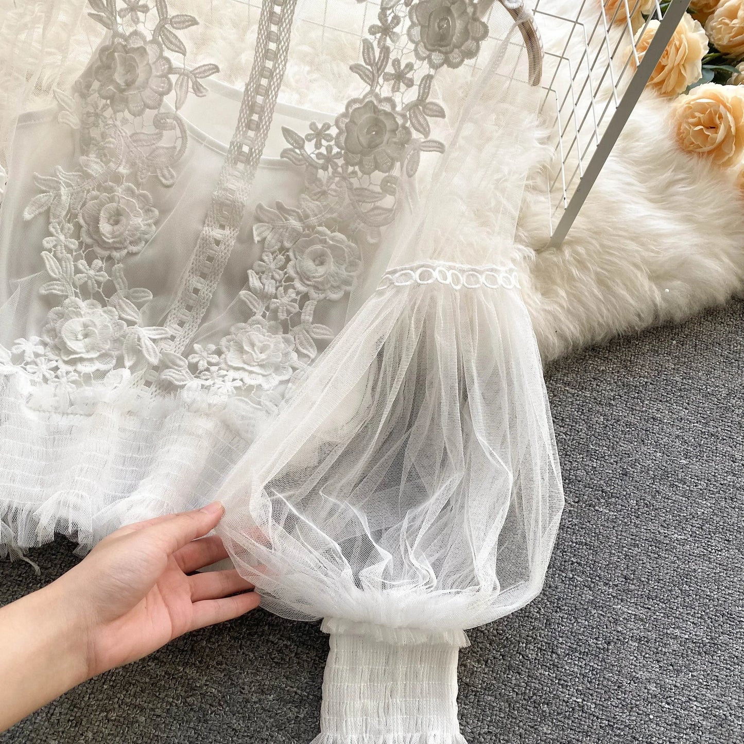 Lace See-Through Puff-Sleeve Vintage Fashion Blouse