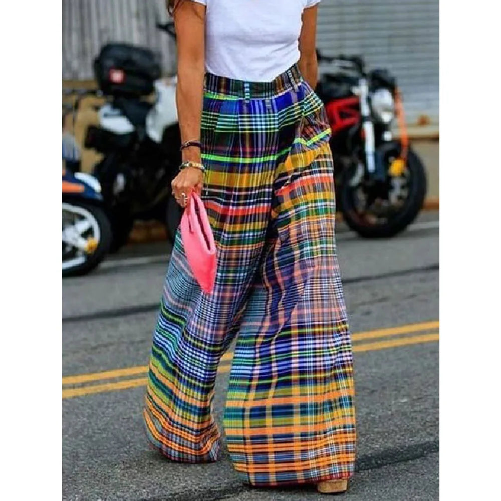 Vireous Loose Wide-Leg Checkerboard Printed Casual Bottoms, Pants