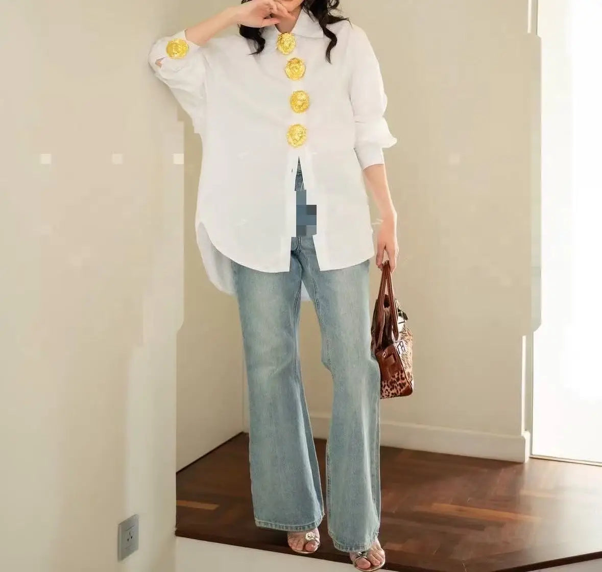 Gold Feature Buttons, Loose Casual Cotton Women's Elegant Shirt