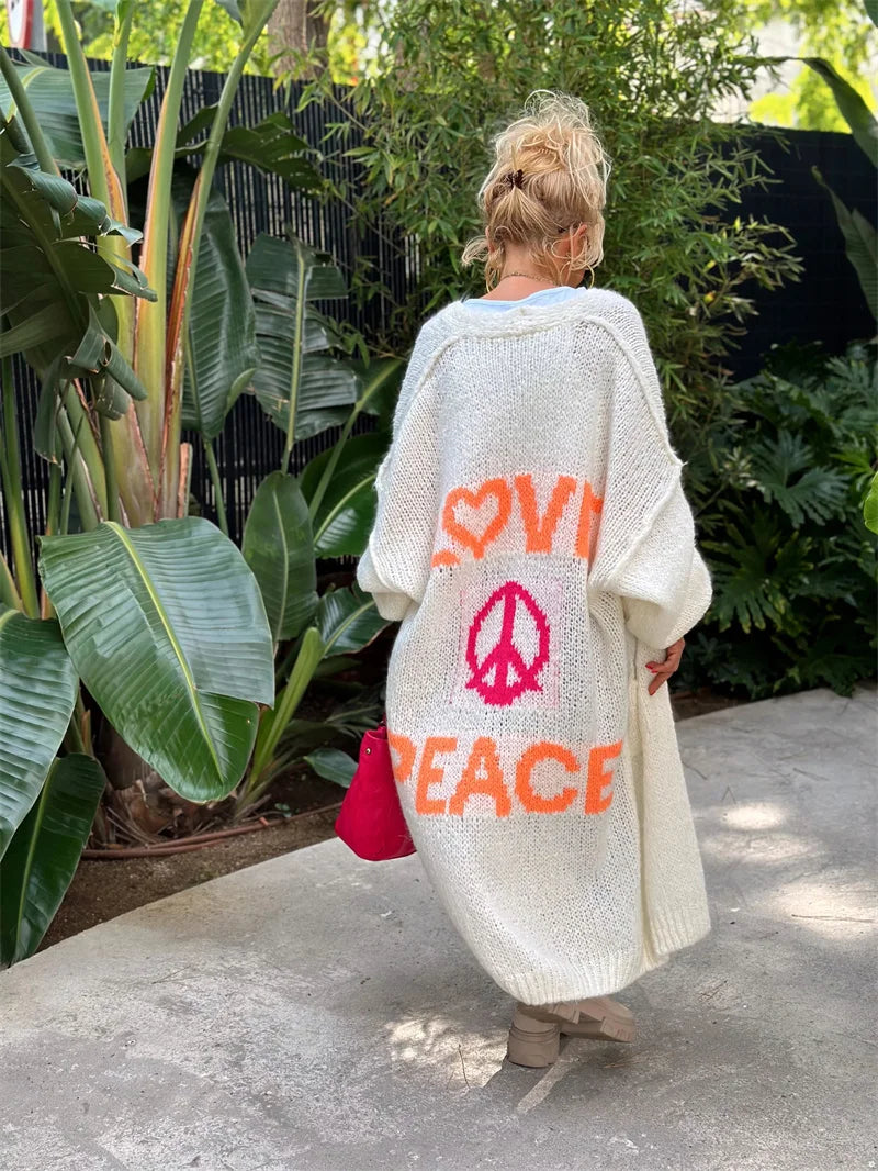 'Love and Peace' Design Women's Long Knitted Cardigan, Sweater Coat