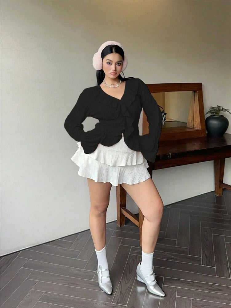 Vireous Elegant French Ruffle Flared-Sleeve Blouse, Plus Sizes