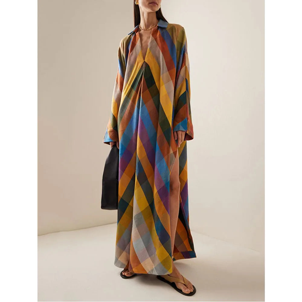 Vireous Long Sleeves Loose Geometric-Print Split-Side Maxi Dress