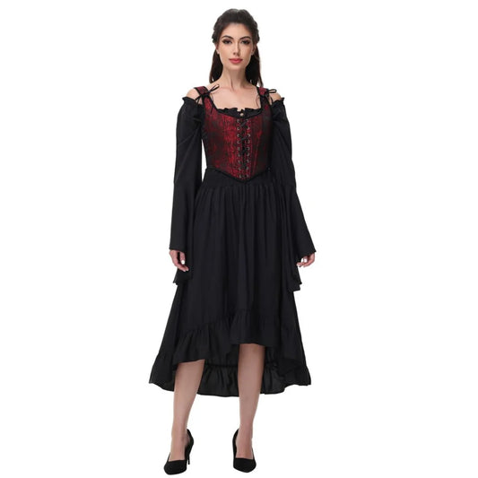 Goth Costume Bustier, Red Floral Print Overbust, Vintage Lace-Up Corset