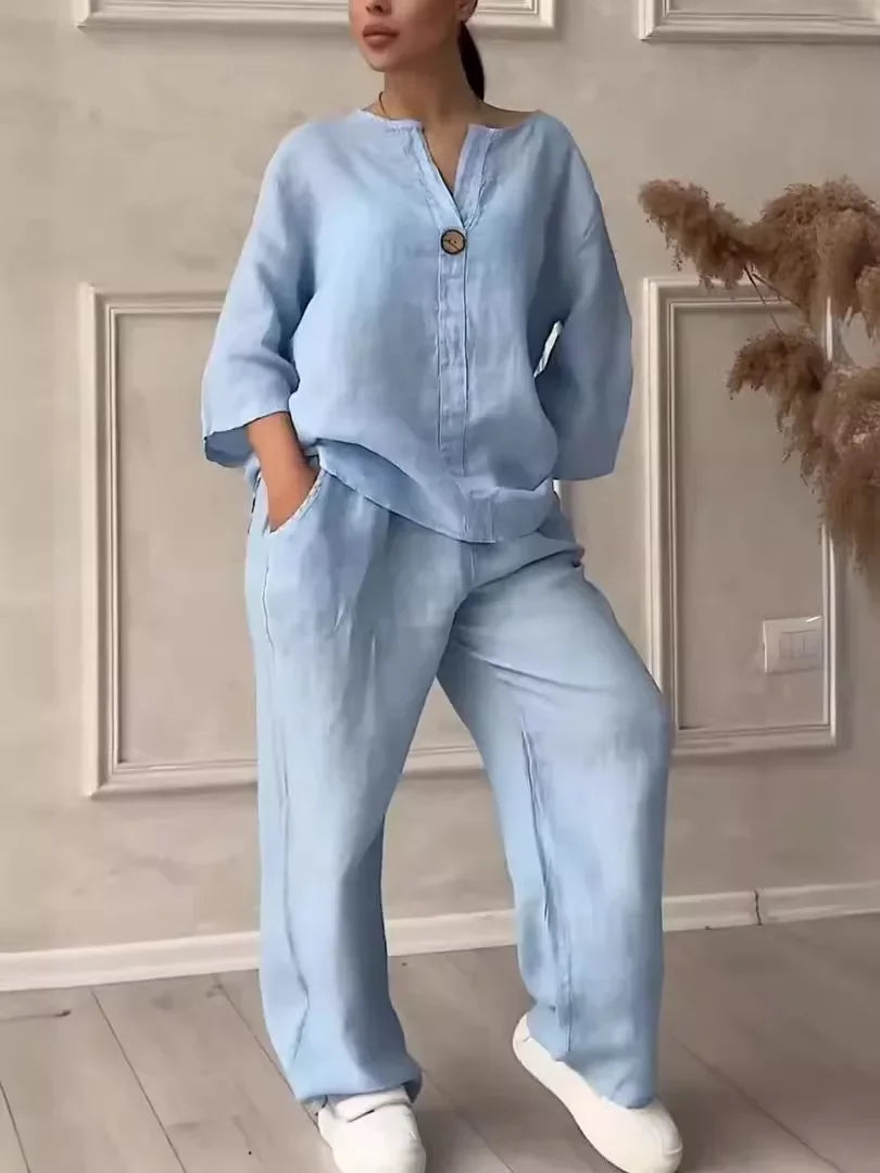 Women's Cotton and Linen Round-Neck Summer Short-Sleeves Pants Suit