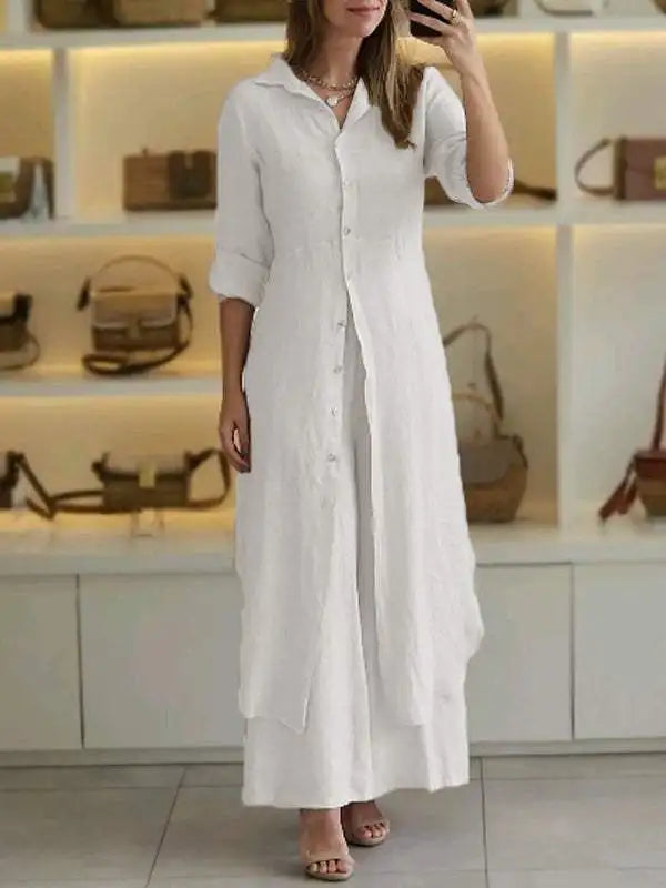 Elegant Lapel Single-Breasted Long Shirt and Wide-Leg Pants Suit