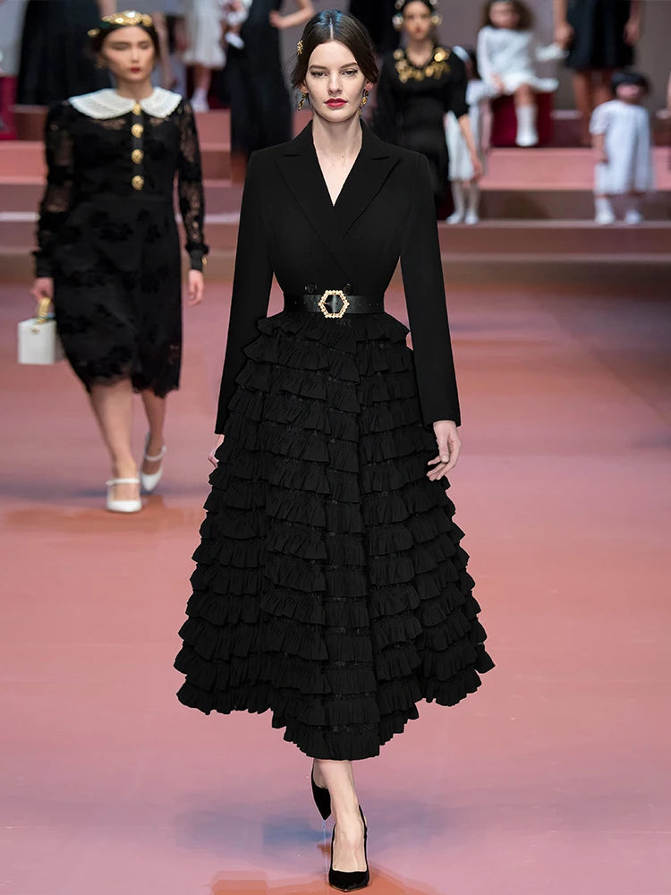 Vireous Black Suit-Collar Tiered Maxi Dress, Winter Catwalk Collection