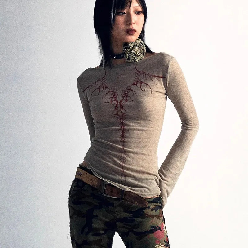 Women's Grunge Aesthetic Knitted Top with Spine Design
