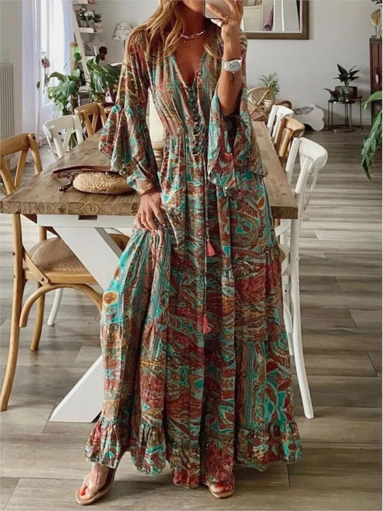 Floral Print Women's Hippy Dress, Bohemian Flare-Sleeves Long Dress