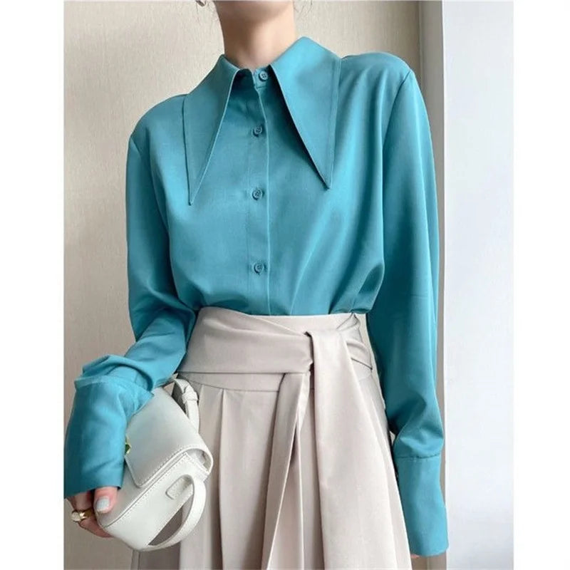 Vireous Long-Sleeve Peter Pan-Collar Blouse, Spring and Autumn Style