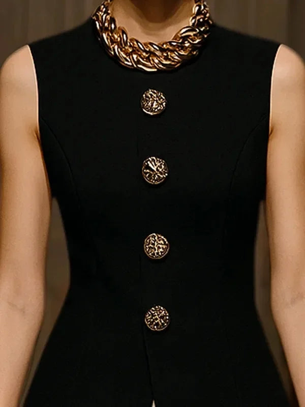 Women's Black Elegant Summer Sleeveless Tailored Tunic Top