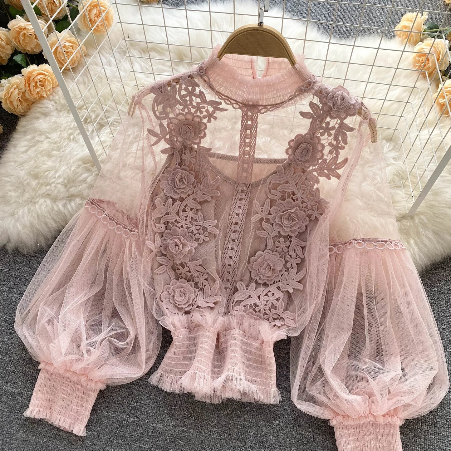 Lace See-Through Puff-Sleeve Vintage Fashion Blouse