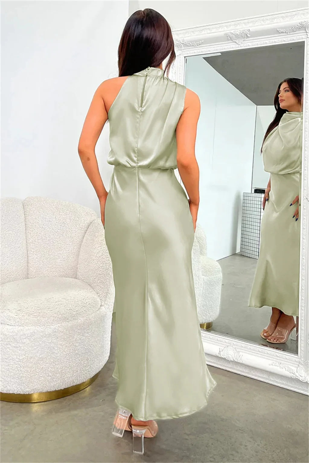 Vireous Summer Silk Satin Sleeveless Long Dress, Draped Bodice
