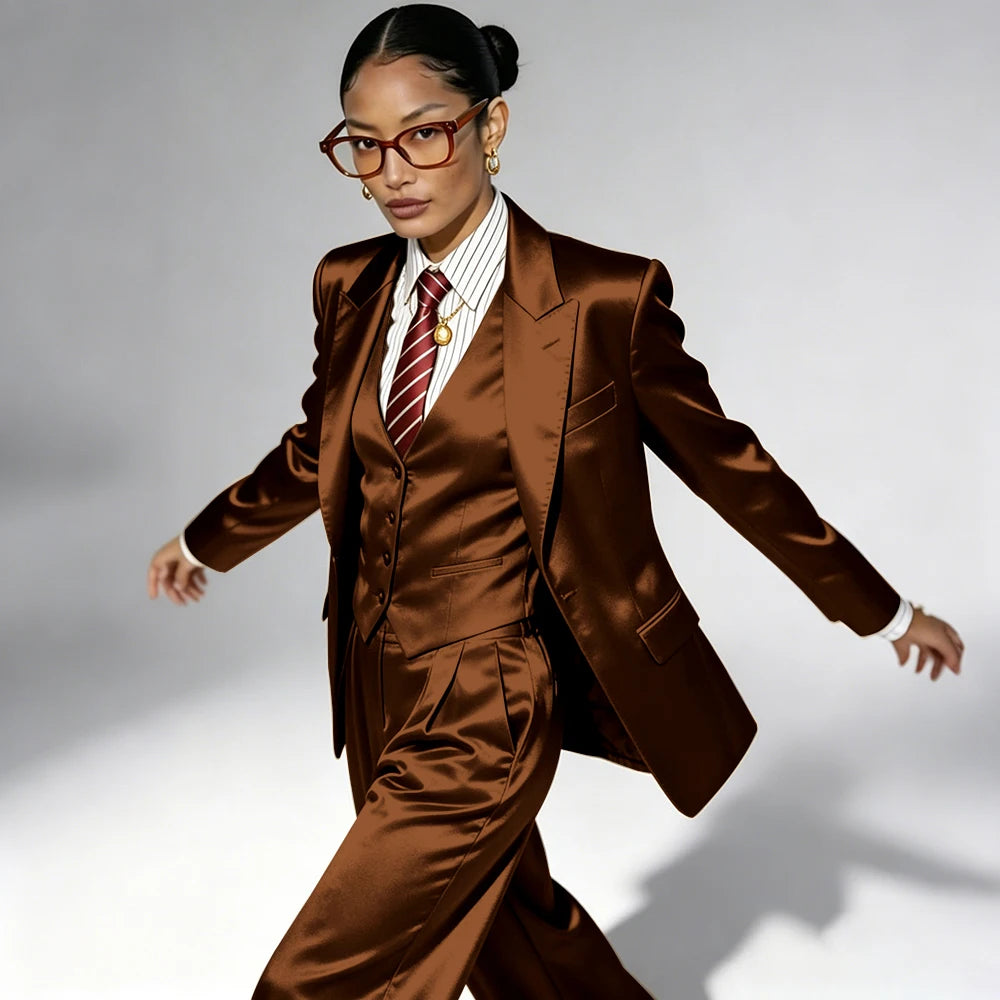 Professional Performance Wear Women's Tuxedo, Gold Satin Three-Piece Suit, Night Wear