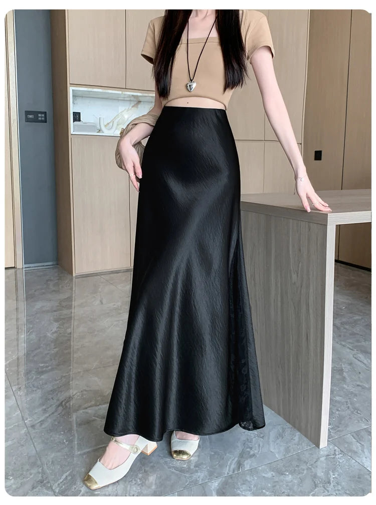 Vireous Satin Women's Long Skirt, Side Lace Patchwork