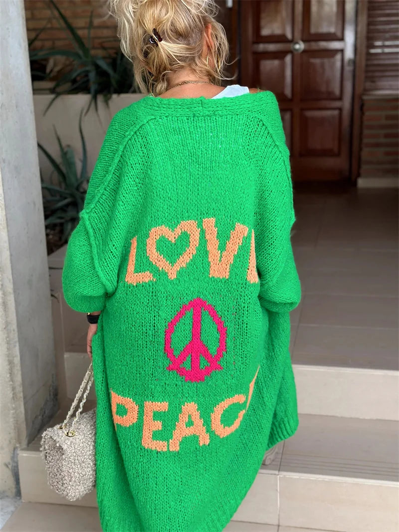 'Love and Peace' Design Women's Long Knitted Cardigan, Sweater Coat